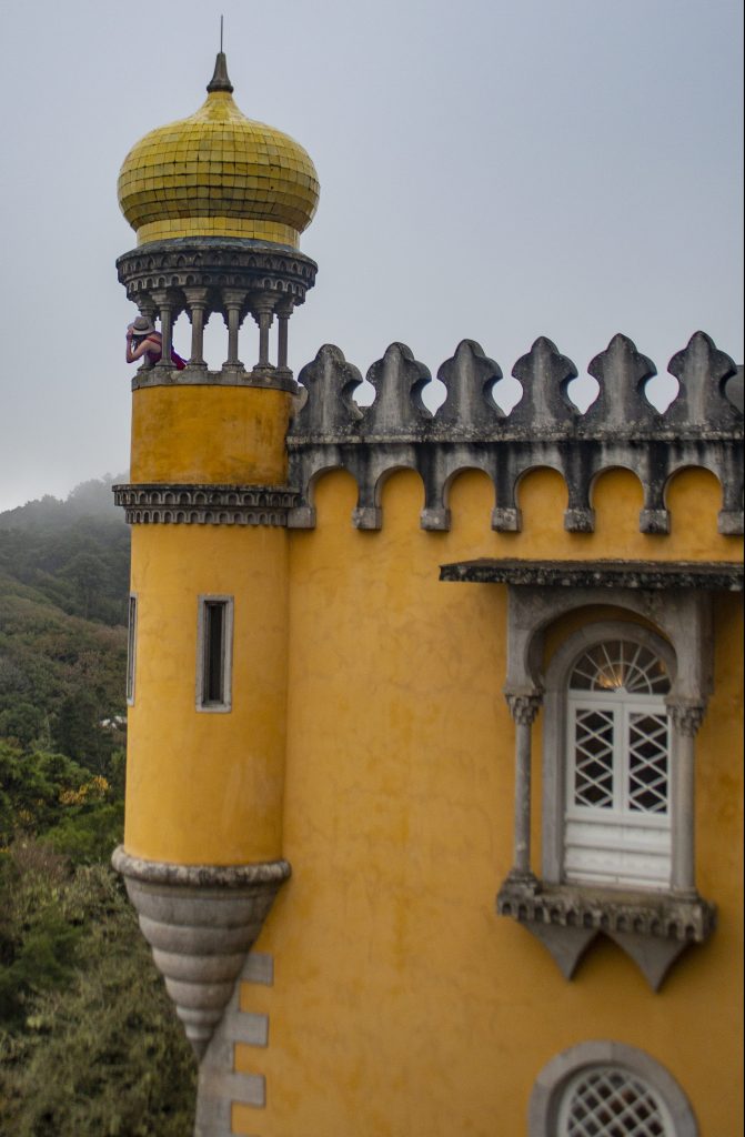 yellow castle girl red dress portugal sintra pena palace