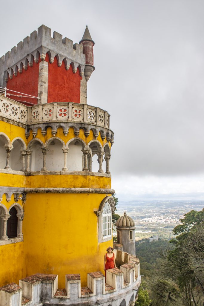 red yellow castle girl red dress pena palace sintra