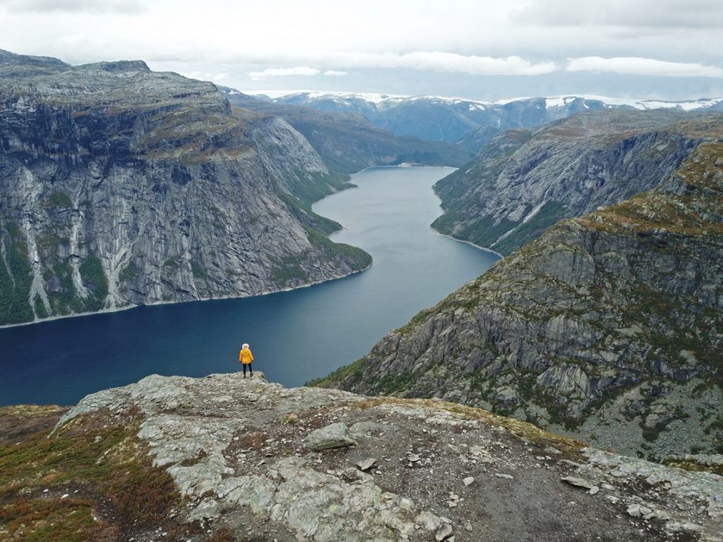 dji mavic drone trolltunga norway yellow raincoat